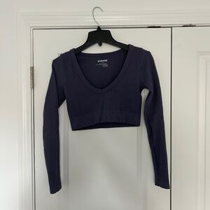 Purple Garage Seamless Ribbed Long Sleeve V-Neck Crop Top.